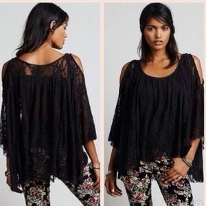 Free People Lost in Austin black lace cold shoulder swing trapeze blouse